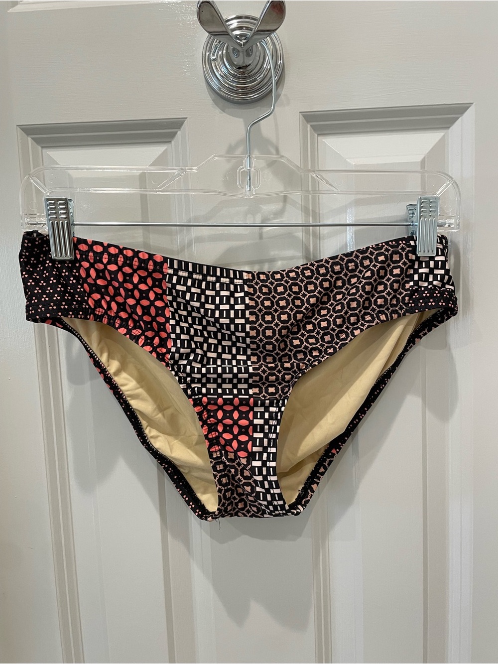 Women’s Patchwork-Print Bikini Bottoms in Black & Coral